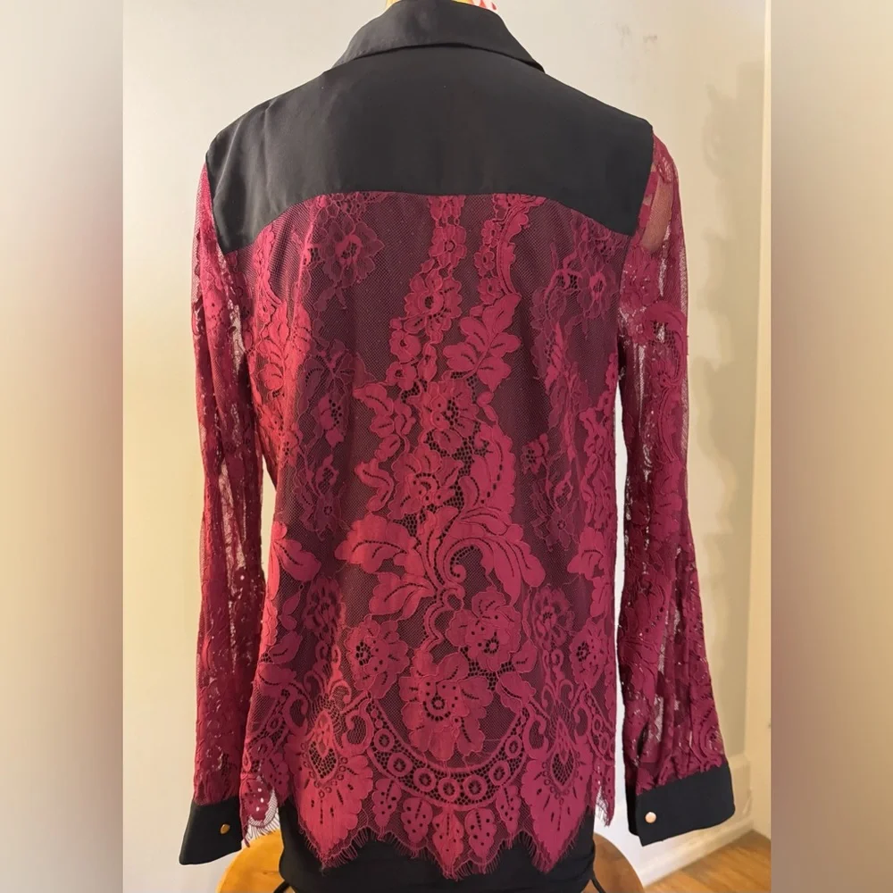 Thalia Sodi Burgundy Lace & Black Button Down Shirt - Picture 5 of 6